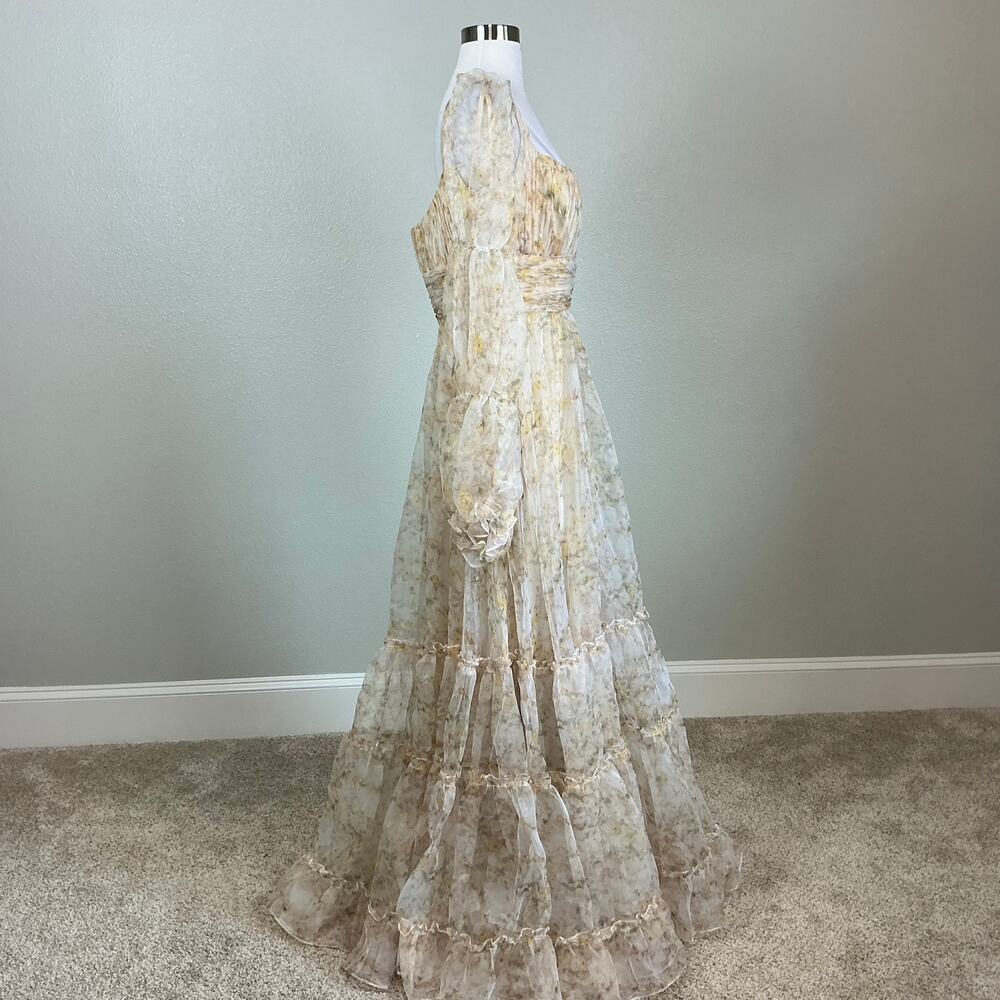 Mac Duggal 68288 Cream Evening Gown Floral Chiffon Long Sleeve Dress Size 10 - Picture 4 of 11